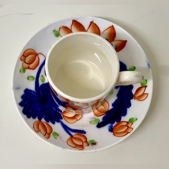 19th Century Antique Gaudy Welsh Grape Pattern Miniature Child’s Mug & Saucer - Picture 2 of 12
